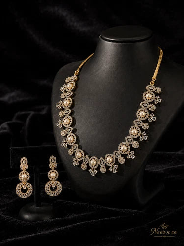 Pearl CZ Gold Tone Necklace Earrings Set Indian Pakistani Bridal Jewelry