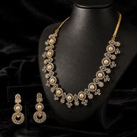 Pearl CZ Gold Tone Necklace Earrings Set Indian Pakistani Bridal Jewelry
