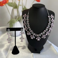 Light Pink CZ Flower Necklace Earrings Set Silver Tone Pakistani Jewelry