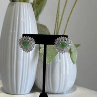 Green Stone Halo Stud Earrings Silver Tone CZ Statement Jewelry