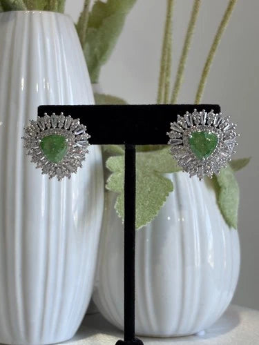 Green Stone Halo Stud Earrings Silver Tone CZ Statement Jewelry