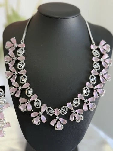 Light Pink CZ Flower Necklace Earrings Set Silver Tone Pakistani Jewelry