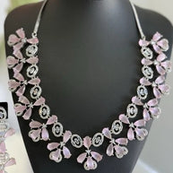 Light Pink CZ Flower Necklace Earrings Set Silver Tone Pakistani Jewelry