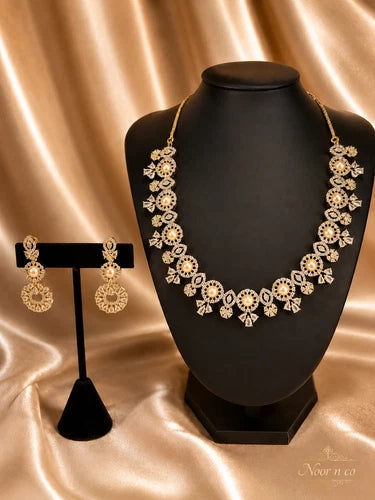 Pearl CZ Gold Tone Necklace Earrings Set Indian Pakistani Bridal Jewelry