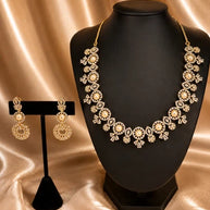 Pearl CZ Gold Tone Necklace Earrings Set Indian Pakistani Bridal Jewelry