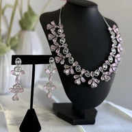 Light Pink CZ Flower Necklace Earrings Set Silver Tone Pakistani Jewelry