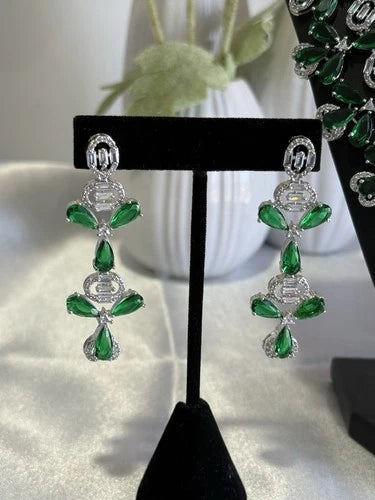Emerald Green CZ Flower Necklace Earrings Set Silver Tone Pakistani Jewelry