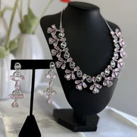 Light Pink CZ Flower Necklace Earrings Set Silver Tone Pakistani Jewelry