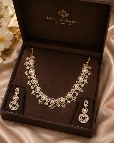 Pearl CZ Gold Tone Necklace Earrings Set Indian Pakistani Bridal Jewelry
