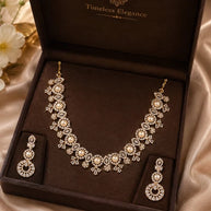Pearl CZ Gold Tone Necklace Earrings Set Indian Pakistani Bridal Jewelry