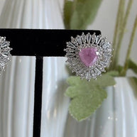 Pink Stone Halo Stud Earrings Silver Tone CZ Statement Jewelry