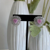 Pink Stone Halo Stud Earrings Silver Tone CZ Statement Jewelry