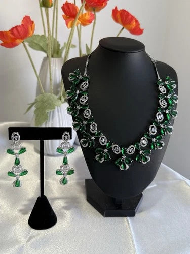 Emerald Green CZ Flower Necklace Earrings Set Silver Tone Pakistani Jewelry