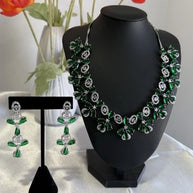 Emerald Green CZ Flower Necklace Earrings Set Silver Tone Pakistani Jewelry