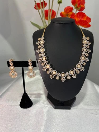 Pearl CZ Gold Tone Necklace Earrings Set Indian Pakistani Bridal Jewelry