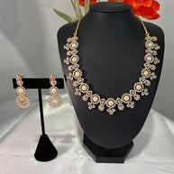 Pearl CZ Gold Tone Necklace Earrings Set Indian Pakistani Bridal Jewelry