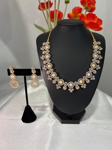 Pearl CZ Gold Tone Necklace Earrings Set Indian Pakistani Bridal Jewelry