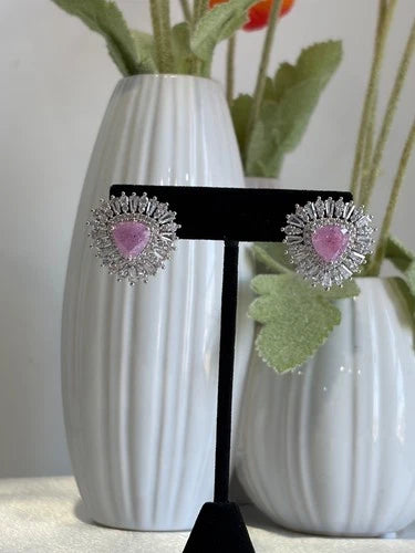 Pink Stone Halo Stud Earrings Silver Tone CZ Statement Jewelry