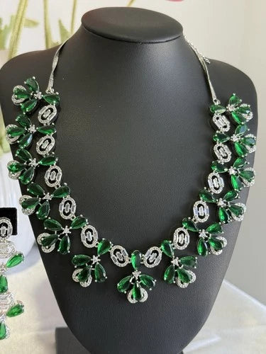 Emerald Green CZ Flower Necklace Earrings Set Silver Tone Pakistani Jewelry