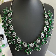 Emerald Green CZ Flower Necklace Earrings Set Silver Tone Pakistani Jewelry