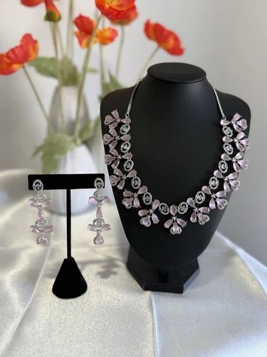 Light Pink CZ Flower Necklace Earrings Set Silver Tone Pakistani Jewelry
