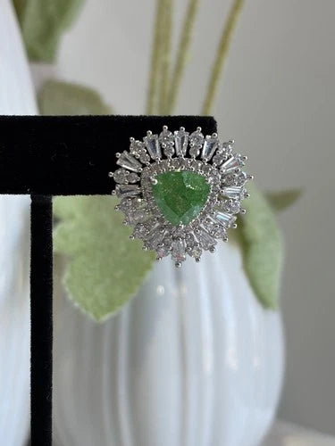 Green Stone Halo Stud Earrings Silver Tone CZ Statement Jewelry