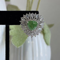 Green Stone Halo Stud Earrings Silver Tone CZ Statement Jewelry