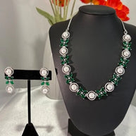 Emerald Green Pearl CZ Silver Tone Necklace Earrings Set