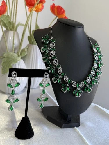 Emerald Green CZ Flower Necklace Earrings Set Silver Tone Pakistani Jewelry