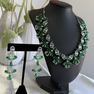 Emerald Green CZ Flower Necklace Earrings Set Silver Tone Pakistani Jewelry