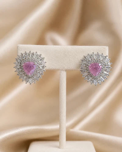 Pink Stone Halo Stud Earrings Silver Tone CZ Statement Jewelry