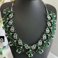 Emerald Green CZ Flower Necklace Earrings Set Silver Tone Pakistani Jewelry
