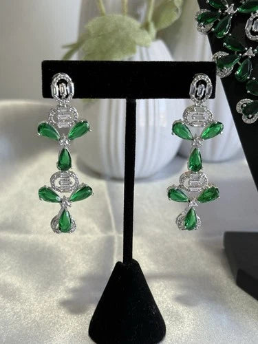 Emerald Green CZ Flower Necklace Earrings Set Silver Tone Pakistani Jewelry