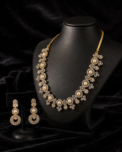 Pearl CZ Gold Tone Necklace Earrings Set Indian Pakistani Bridal Jewelry