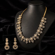 Pearl CZ Gold Tone Necklace Earrings Set Indian Pakistani Bridal Jewelry