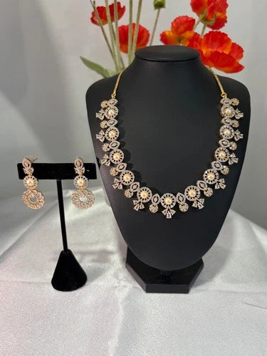 Pearl CZ Gold Tone Necklace Earrings Set Indian Pakistani Bridal Jewelry
