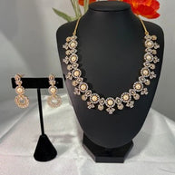 Pearl CZ Gold Tone Necklace Earrings Set Indian Pakistani Bridal Jewelry