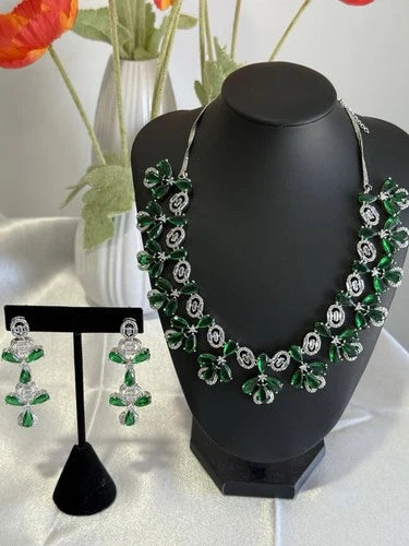 Emerald Green CZ Flower Necklace Earrings Set Silver Tone Pakistani Jewelry