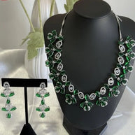 Emerald Green CZ Flower Necklace Earrings Set Silver Tone Pakistani Jewelry