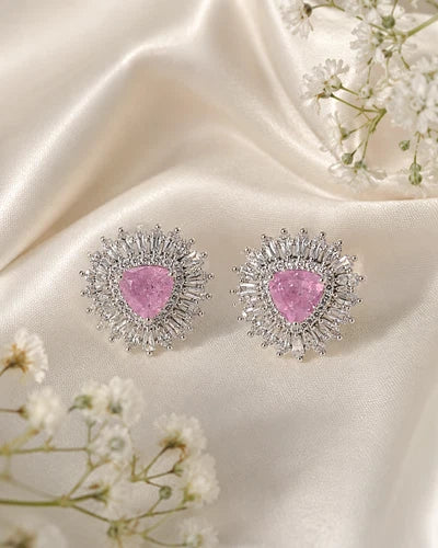 Pink Stone Halo Stud Earrings Silver Tone CZ Statement Jewelry