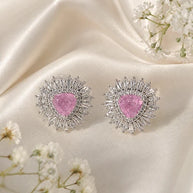 Pink Stone Halo Stud Earrings Silver Tone CZ Statement Jewelry