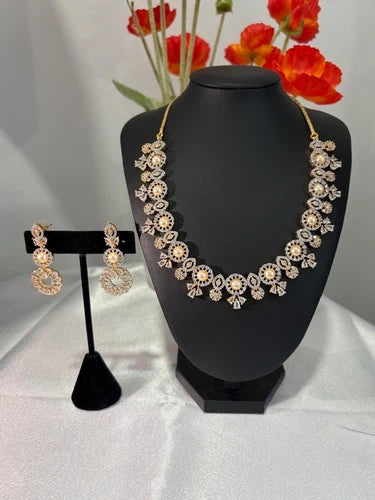 Pearl CZ Gold Tone Necklace Earrings Set Indian Pakistani Bridal Jewelry