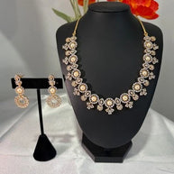 Pearl CZ Gold Tone Necklace Earrings Set Indian Pakistani Bridal Jewelry