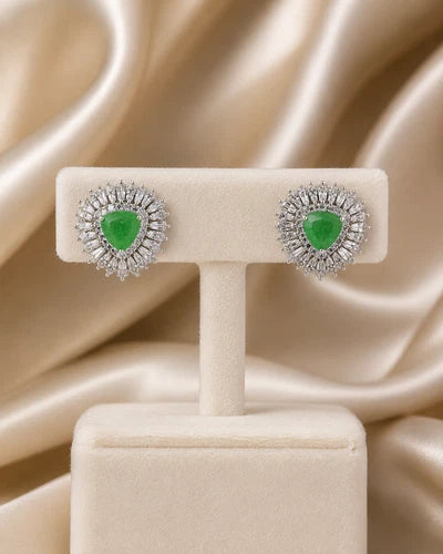 Green Stone Halo Stud Earrings Silver Tone CZ Statement Jewelry