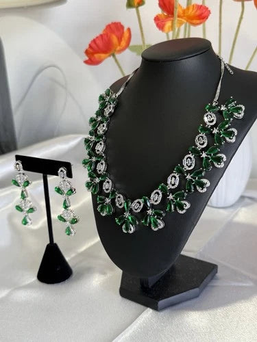 Emerald Green CZ Flower Necklace Earrings Set Silver Tone Pakistani Jewelry