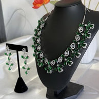 Emerald Green CZ Flower Necklace Earrings Set Silver Tone Pakistani Jewelry