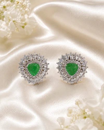Green Stone Halo Stud Earrings Silver Tone CZ Statement Jewelry