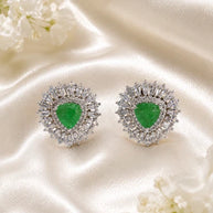 Green Stone Halo Stud Earrings Silver Tone CZ Statement Jewelry