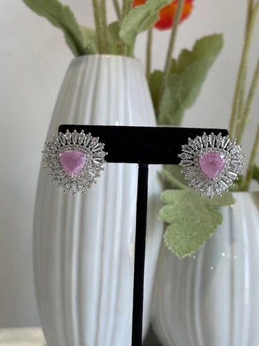 Pink Stone Halo Stud Earrings Silver Tone CZ Statement Jewelry