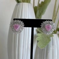 Pink Stone Halo Stud Earrings Silver Tone CZ Statement Jewelry